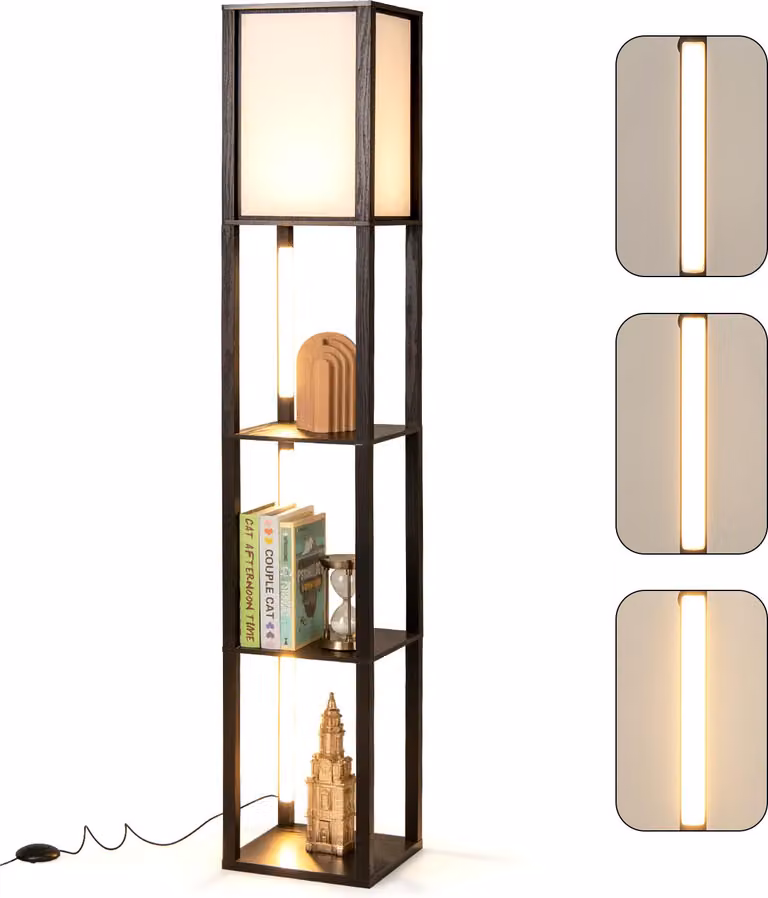 COSTWAY lampada da terra 163 cm con ripiani, lampada a mensola in legno con strisce LED regolabili a 3 livelli e interruttore a pedale, lampada da terra a ripiano moderno