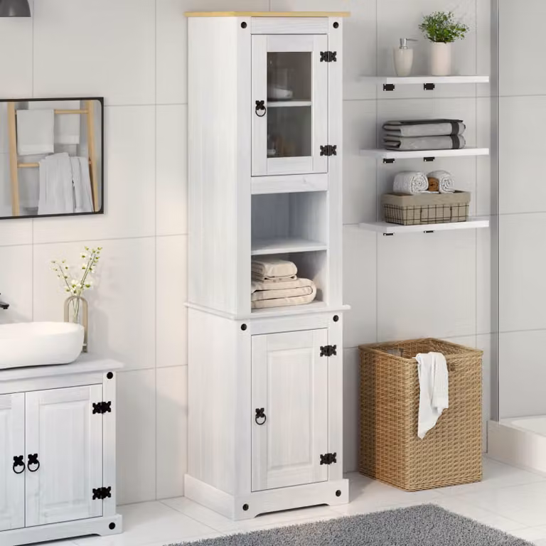 Mobile da bagno vidaXL in pino massello bianco con ante in vetro, L: 50 cm, P: 40 cm, H: 185 cm