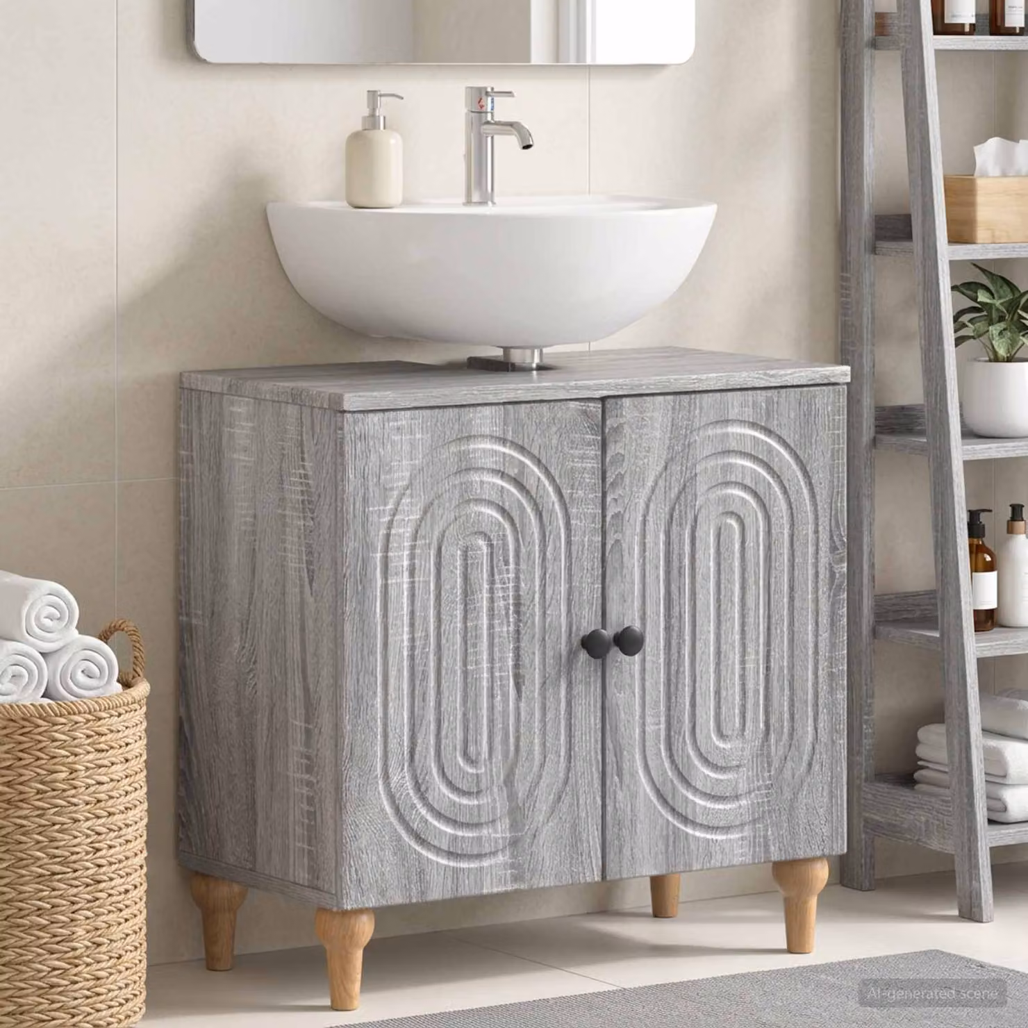 Armadio per lavabo da bagno vidaXL ALKMAAR moderno in legno e metallo grigio e nero L/P/H: 59,5 x 31,5 x 59 cm