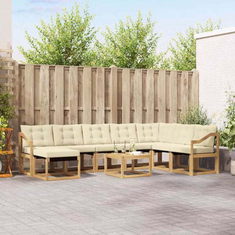 Set di divani da esterno vidaXL 9 pz in legno di acacia con cuscini Bianco, Beige e Marrone