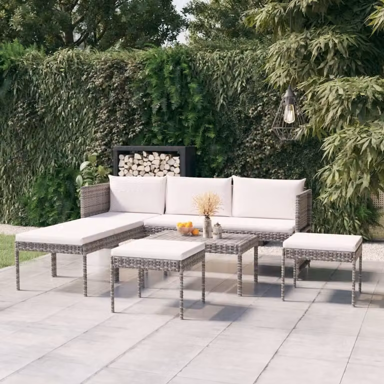 The Living Store Set da giardino da 6 pezzi con cuscini in poly rattan grigio
