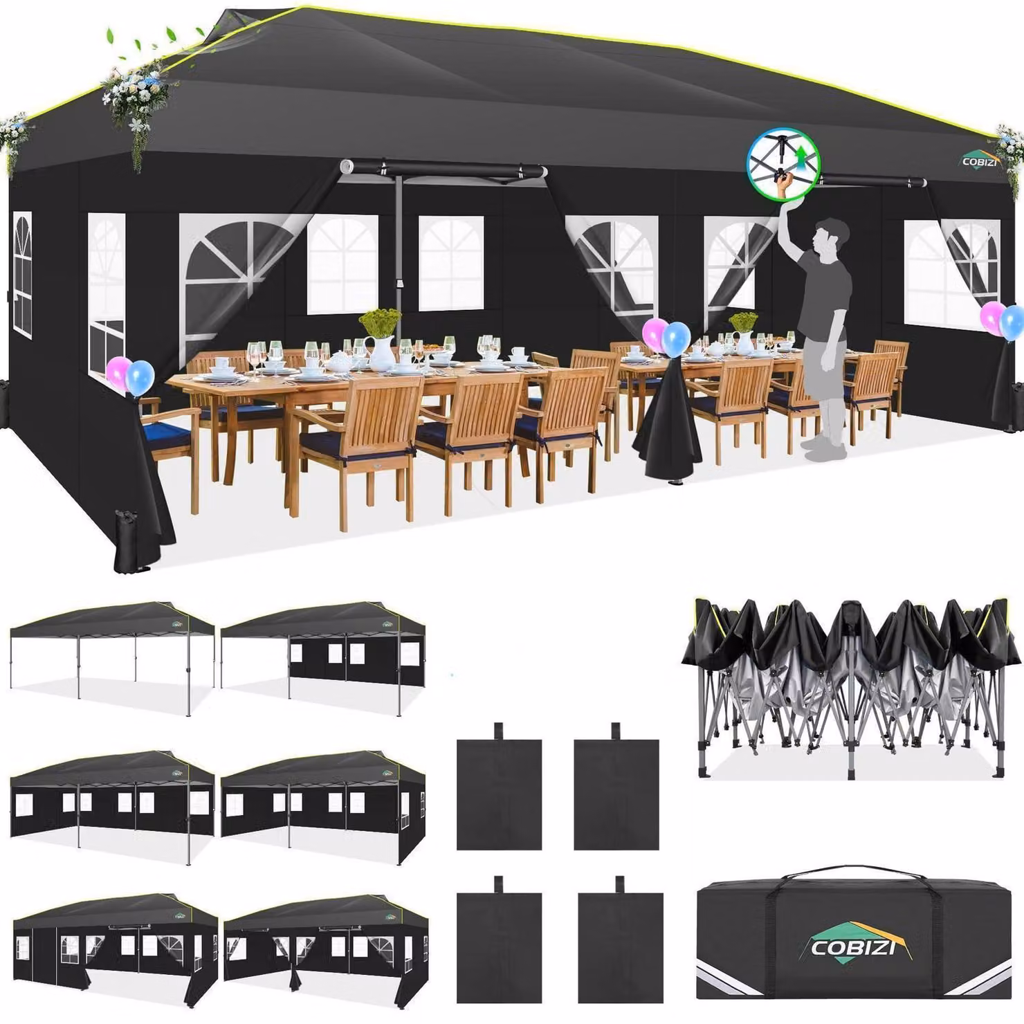 Tenda pop-up impermeabile e resistente al freddo, dimensioni 3x6 metri, con 6 pareti laterali, colore nero
