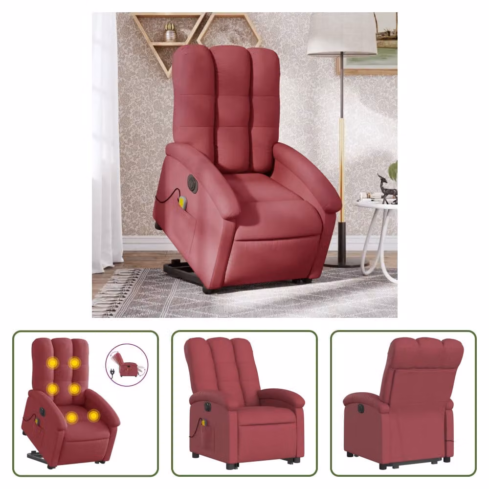 The Living Store Poltrona massaggiante elettrica con ausilio per l'alzata Tessuto rosso vino