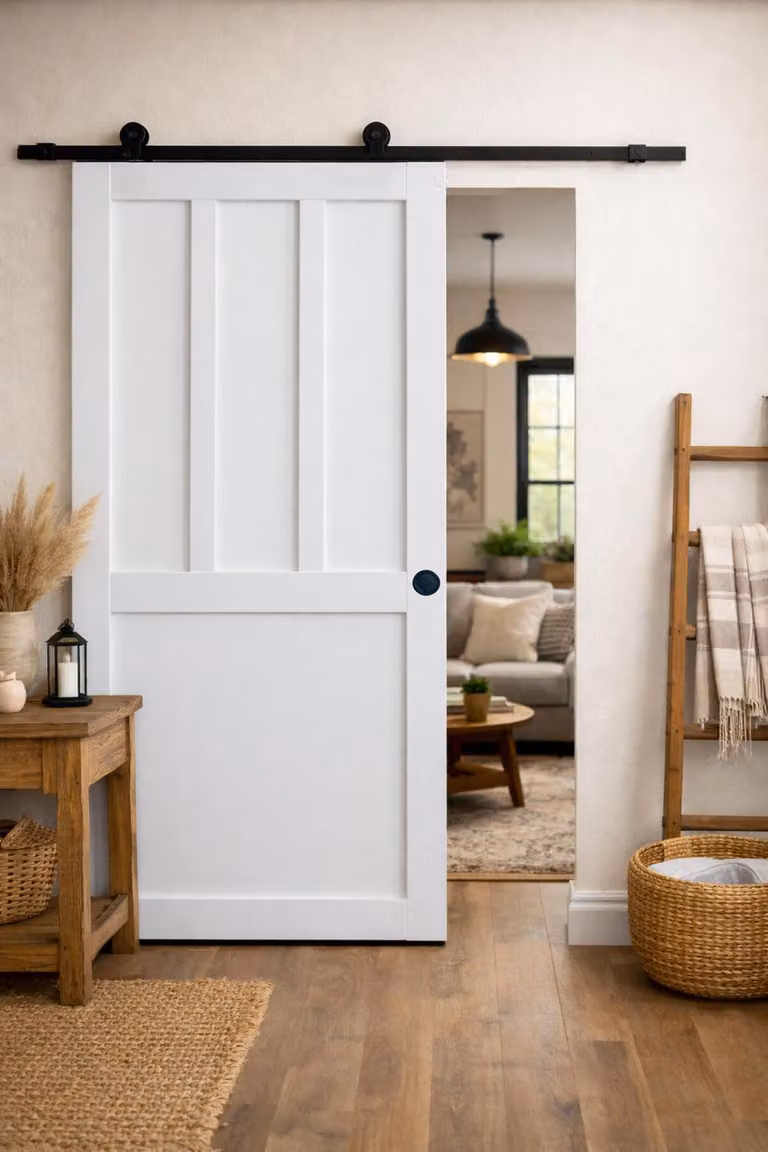 Porta scorrevole da laboratorio con 2 pannelli bianchi H204 x L73 cm, binario con rotelle, gusci neri per GD MENUISERIES