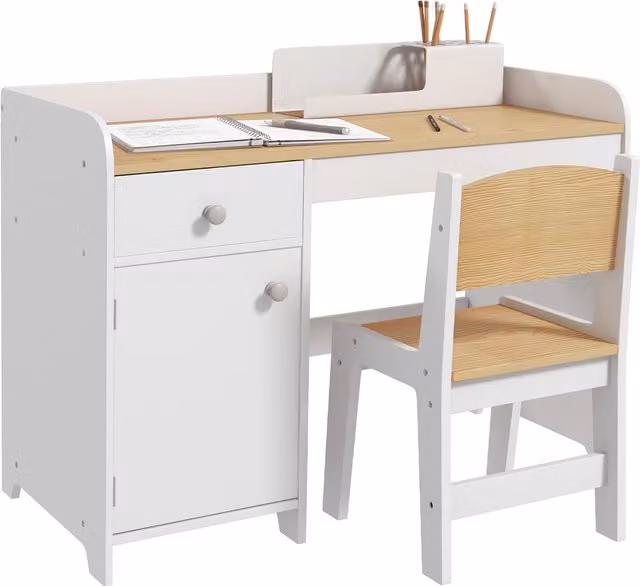 ZONEKIZ Scrivania per bambini con sedia, cassetto e vano, Bianco, L 80 cm x P 39 cm x H 59 cm