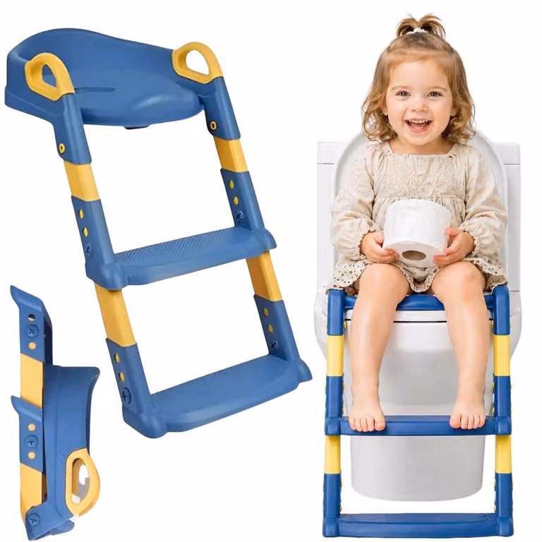 Riduttore WC bambini con scaletta blu gradini antiscivolo altezza regolabile struttura pieghevole da 1 a 5 anni