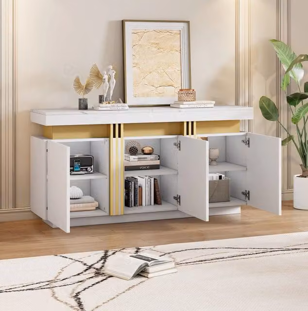 Credenza 3 ante; 6 vani e ripiani regolabili; 140 x 38 x 70 cm; bianca effetto marmo e platino