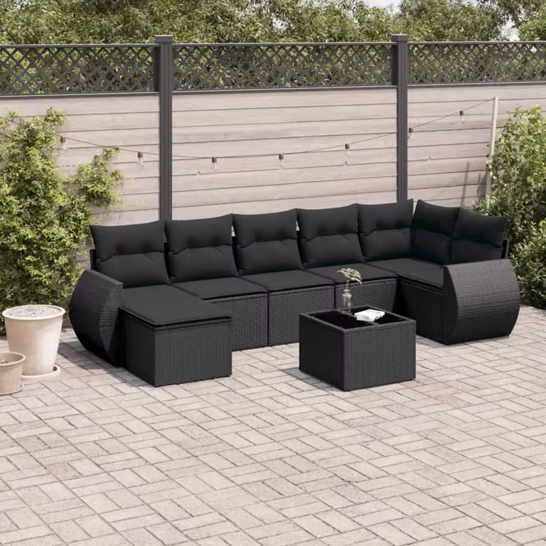 vidaXL Set Divani da Giardino 8 pz in Polyrattan Nero con Cuscini e Tavolino