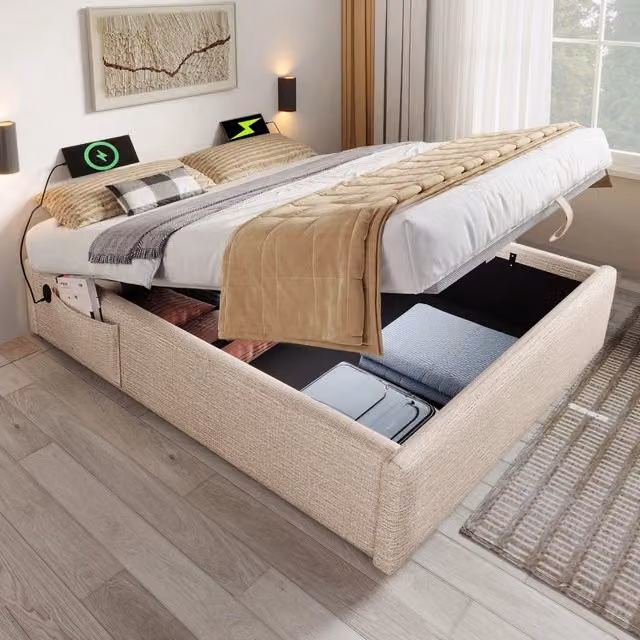 Letto Matrimoniale 140x200 cm Contenitore Senza Testiera in Lino Naturale