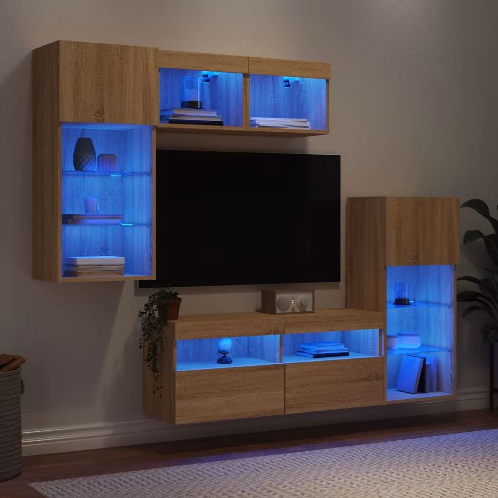 Mobile TV da parete vidaXL con illuminazione LED integrata in legno Rovere e finitura opaca beige/marrone