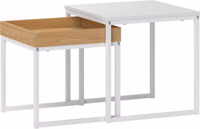 Set di 2 tavolini da caffè impilabili moderni HOMCOM con piano a vassoio, design quadrato, Bianco e Rovere, L/P/H: 45 x 45 x 45 cm