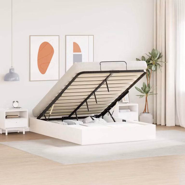 vidaXL Letto Ottomano con Ripostiglio in Legno di Pino e Tessuto Bianco 151 x 203,5 x 25 cm