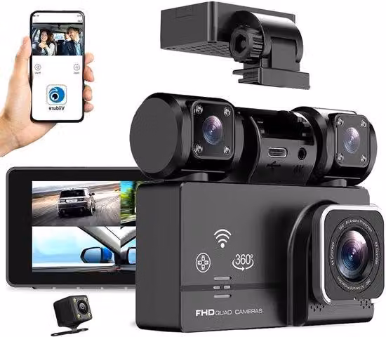 Dashcam Wi-Fi a 4 canali per auto, ripresa panoramica a 360 gradi con WDR, telecamere HD 1080p anteriori e posteriori, obiettivo orientabile, visione notturna a infrarossi, videoregistratore