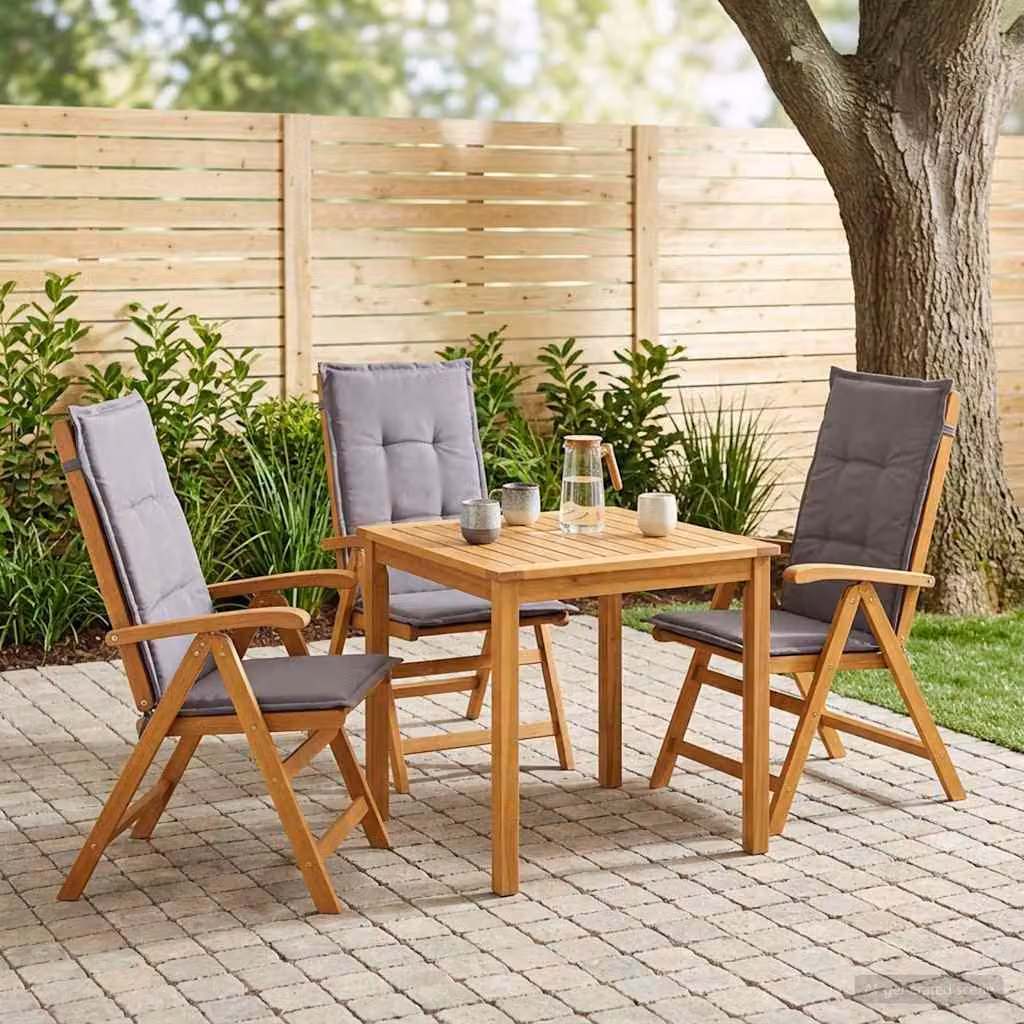 Set di 3 sedie da giardino reclinabili vidaXL in legno di acacia naturale con cuscini e braccioli
