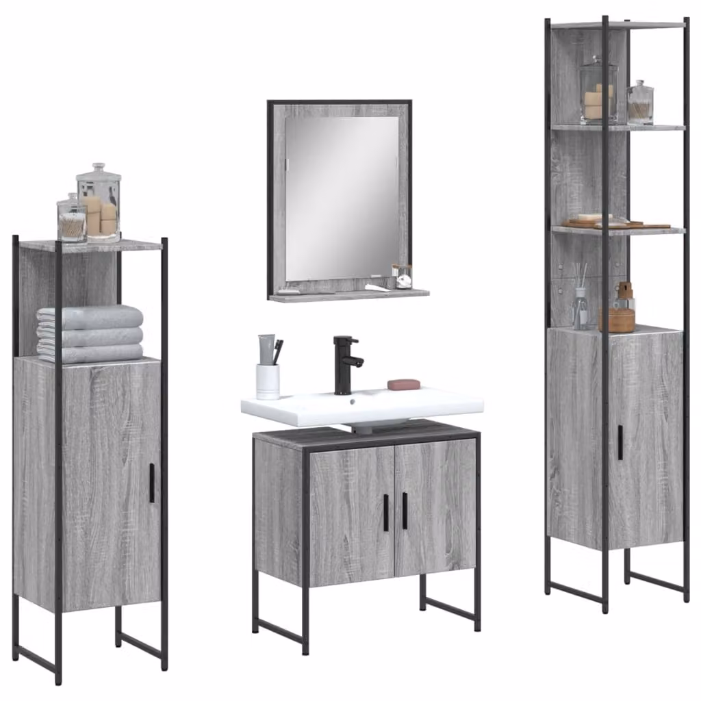 Set di mobili da bagno vidaXL 4 pezzi Grigio con vanità, armadietti e specchio con illuminazione LED in legno, metallo e vetro