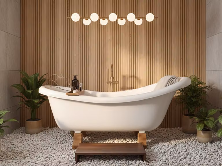 Vasca da bagno retrò freestanding da 160 cm in composito bianco su piedini a blocchi in legno massello — Vasca da bagno retrò Ludwik Klein con piedini a forma di scarpa in rovere o pino