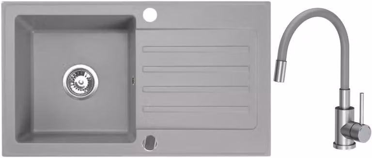 VBChome Lavello in granito 76 x 44 cm Grigio con rubinetto flessibile Lavello da incasso a vasca singola Reversibile Speckled Lavello di facile manutenzione con sifone