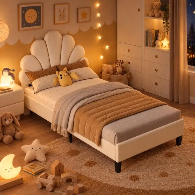 Letto Bambini 90x200cm, Letto Imbottito Singolo con Rete a Doghe, Testiera a Forma di Petalo, Per Bambini Ragazze e Adolescenti, Senza Materasso, Beige
