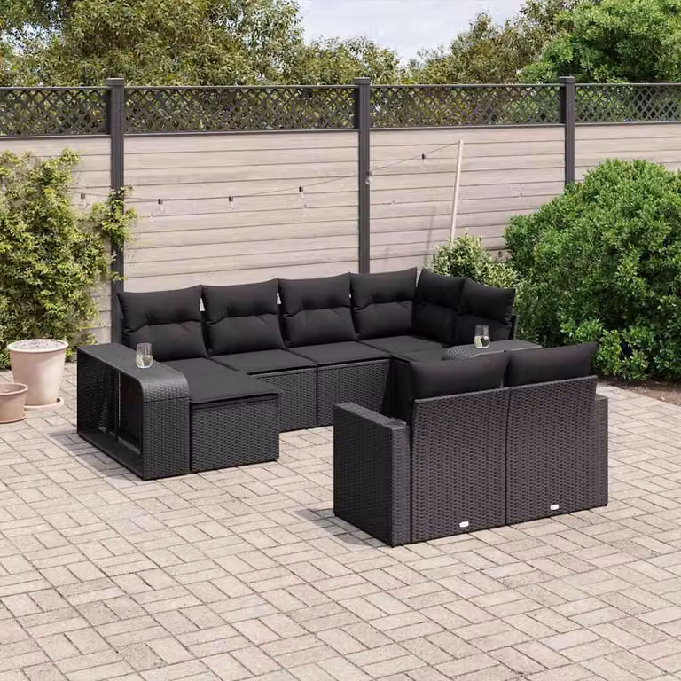 Set di divani da giardino vidaXL a forma di U composto da 10 pezzi con cuscini in polyrattan e struttura in acciaio nero
