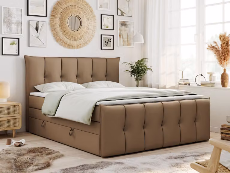 Letto con rete a molle King 140x200, letto con rete a molle 140x200 con contenitore e materasso H3, letto imbottito 140x200 con materasso, letto 140x200 con contenitore, PREMIUM-11-KING - 140x200 - Marrone - Ecopelle - H3
