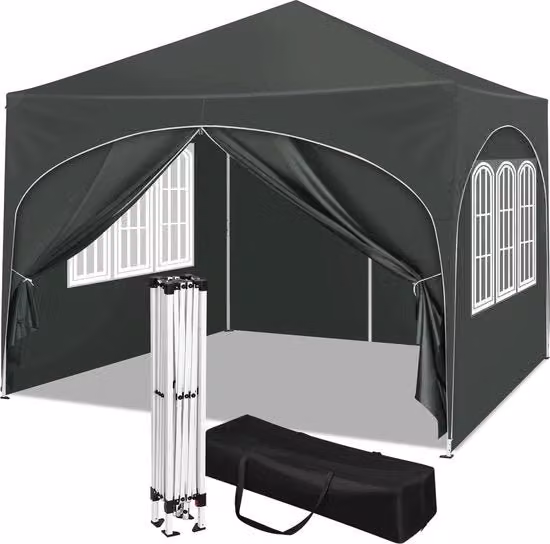 Tenda da festa - 3x3 m - Pareti laterali - Facile da montare - Pergola - Ripiegabile - Impermeabile - Con valigetta portatile - Grigio scuro