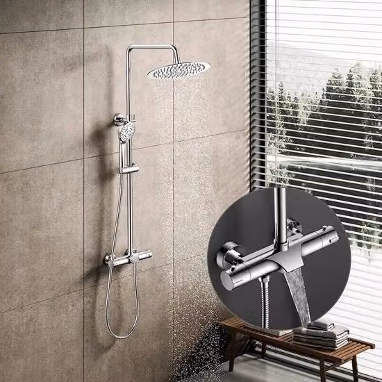 Sistema doccia con termostato, impianto doccia (set doccia, attrezzatura doccia, doccia a pioggia, doccia a getto 25cm, doccia manuale con 3 tipi di getto, tubo doccia in acciaio inox regolabile) doccia per bagno