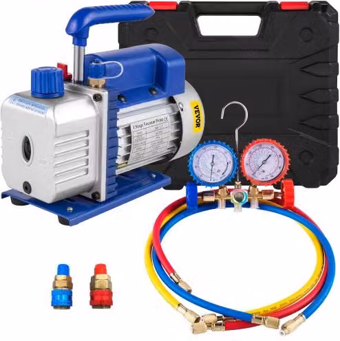 Pompa a vuoto VEVOR ad alta efficienza con manometro singolo stadio, 4CFM, 1/3HP, 1720RPM e kit di 3 tubi, multicolore