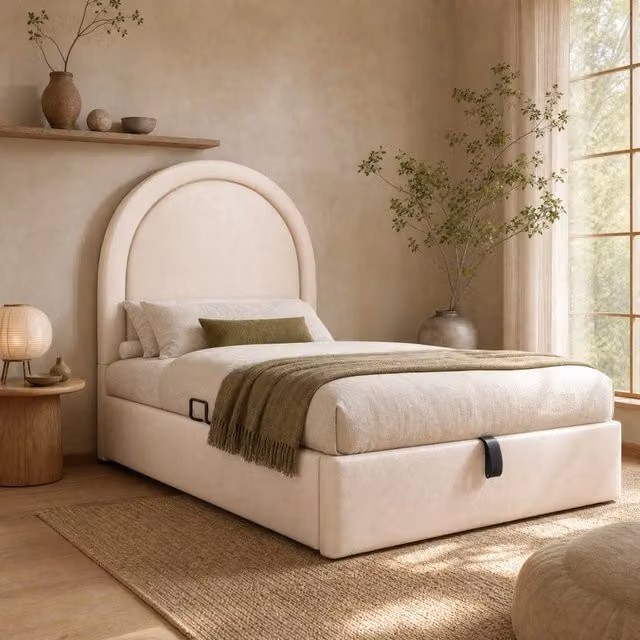 Letto singolo imbottito 90 × 190 cm con vano contenitore in PU beige con testiera e rete a doghe idraulica