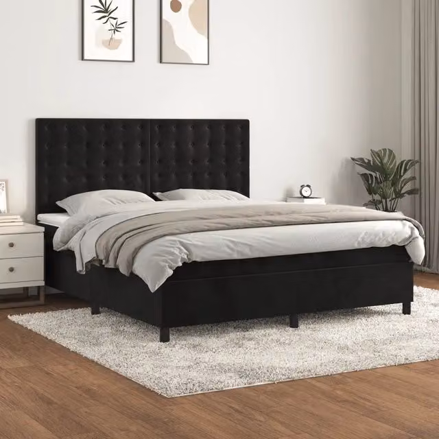 Letto Ibrido vidaXL con Giroletto a Molle e Materasso in Velluto Nero L: 180 cm, P: 200 cm, H: 203 cm