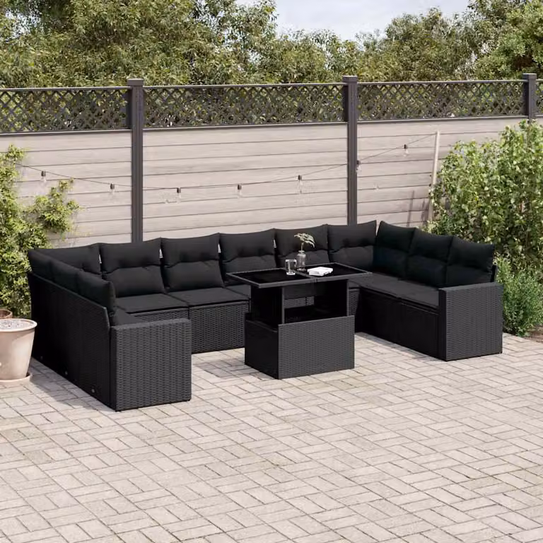vidaXL Set Divani da Giardino 11 pz in Polyrattan Nero con Cuscini Imbottiti e Tavolino