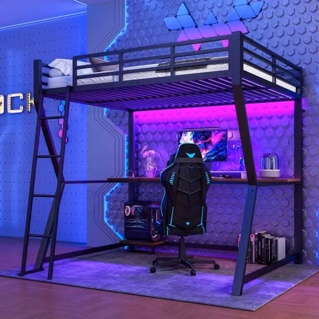 Letto a soppalco ¨C Minimal ¨C Nero 140x200cm con LED scrivania