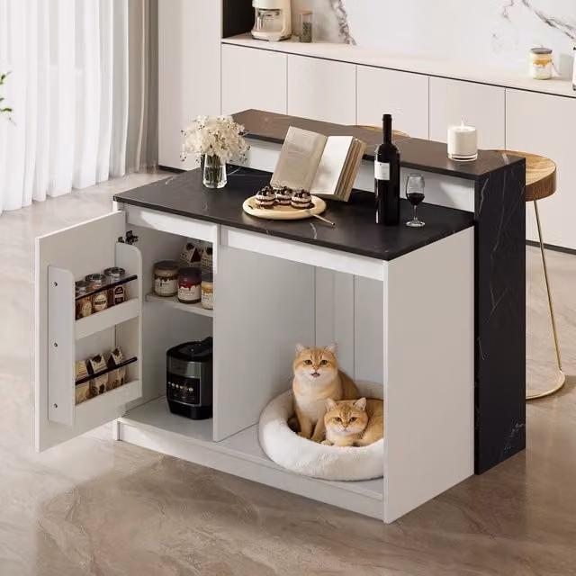 Desviae Tavolo da pranzo con bancone e area riposo per animali in MDF e melamina nero bianco 120 × 80 × 100 cm