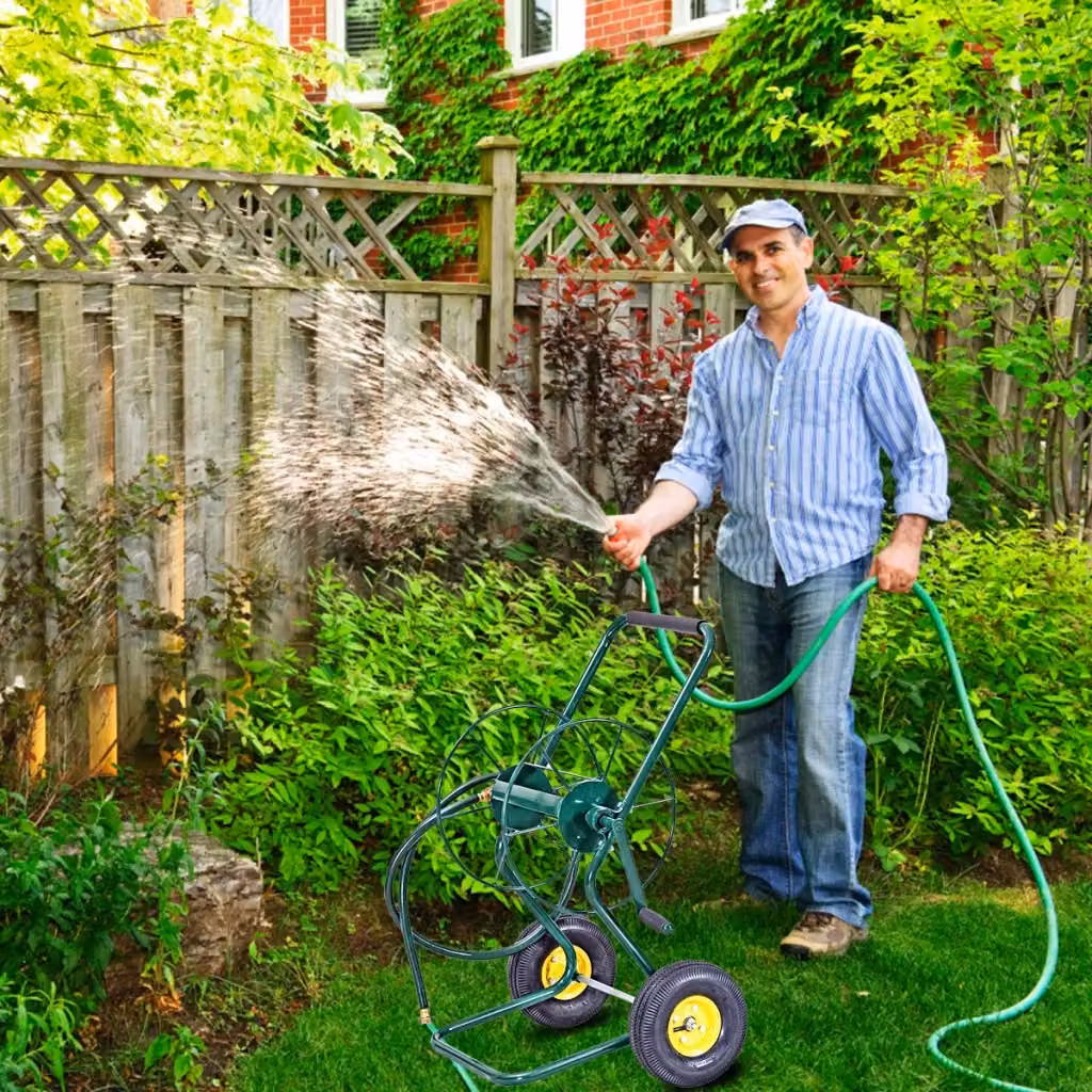 Carrello avvolgitubo da giardino verde con ruote pneumatiche a 2 assi, capacità 61 m per tubo da 1,9 cm – 2