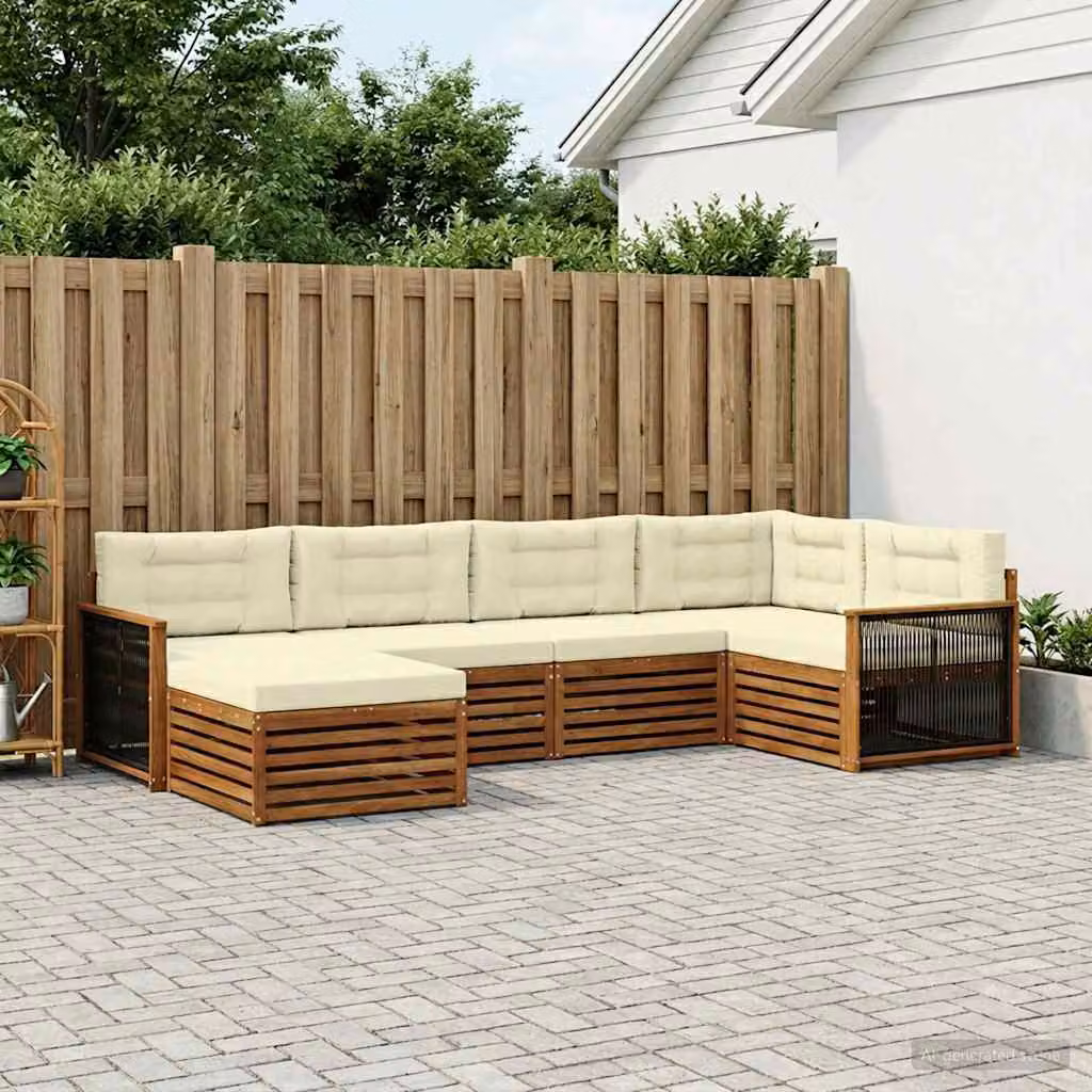 Set di divani da esterno vidaXL 6 pz in legno di acacia con cuscini, forma a L, colori beige, bianco e marrone