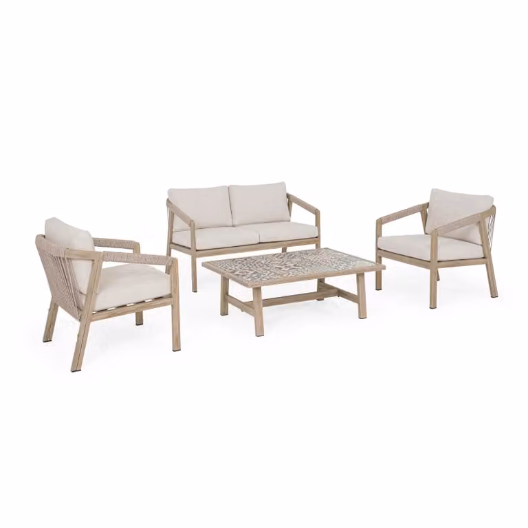 Set salotto da giardino ALVOR con cuscini, intreccio in corda e struttura in alluminio effetto legno, 4 pezzi