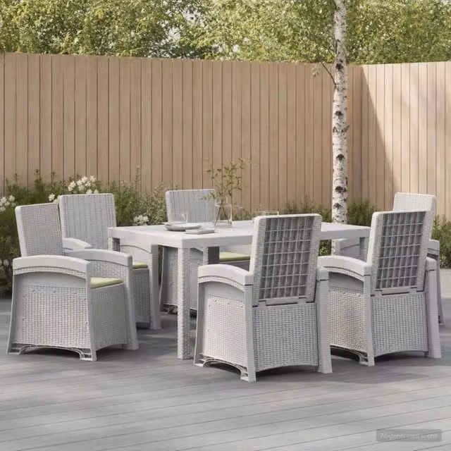 Set da pranzo da giardino moderno vidaXL in rattan sintetico composto da 7 pezzi, colori bianco e beige