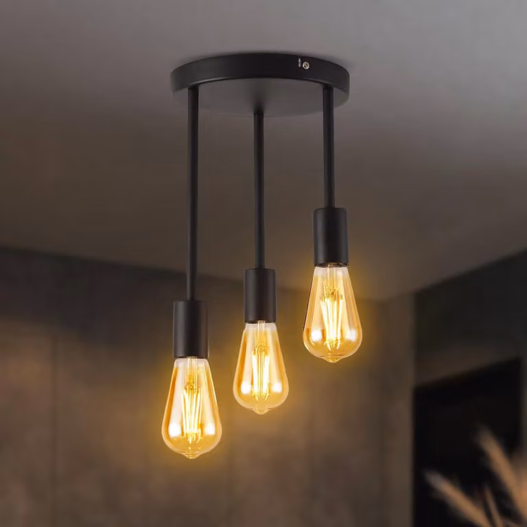 ANWIO Plafoniera a 3 luci, nera, sospesa. Lampada da soffitto vintage con 3 faretti, attacco E27. Plafoniera industriale per soggiorno, sala da pranzo, cucina, corridoio (senza lampadine). EUC-EA190814-27-03CB-1U