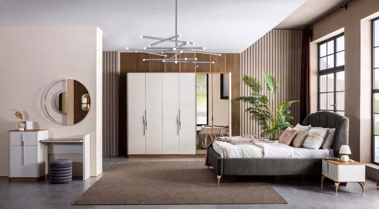 Modern Schlafzimmer Set Bett 2x Nachttische Schminktisch mit Spiegel Schrank