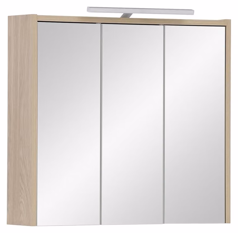 Mobile contenitore con specchio, dimensioni 65x16x60 cm, 3 ante, 6 ripiani in vetro, finitura rovere chiaro