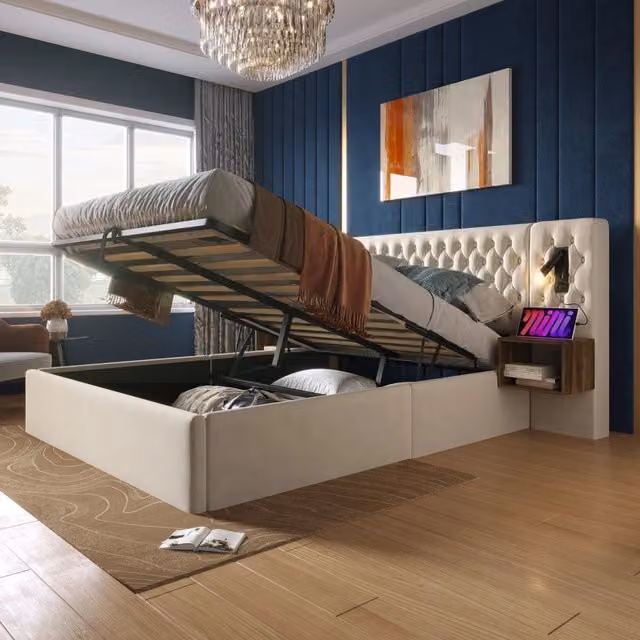Desviae Letto matrimoniale 180 × 200 cm con contenitore idraulico testiera in velluto beige luci USB Type-C e comodini