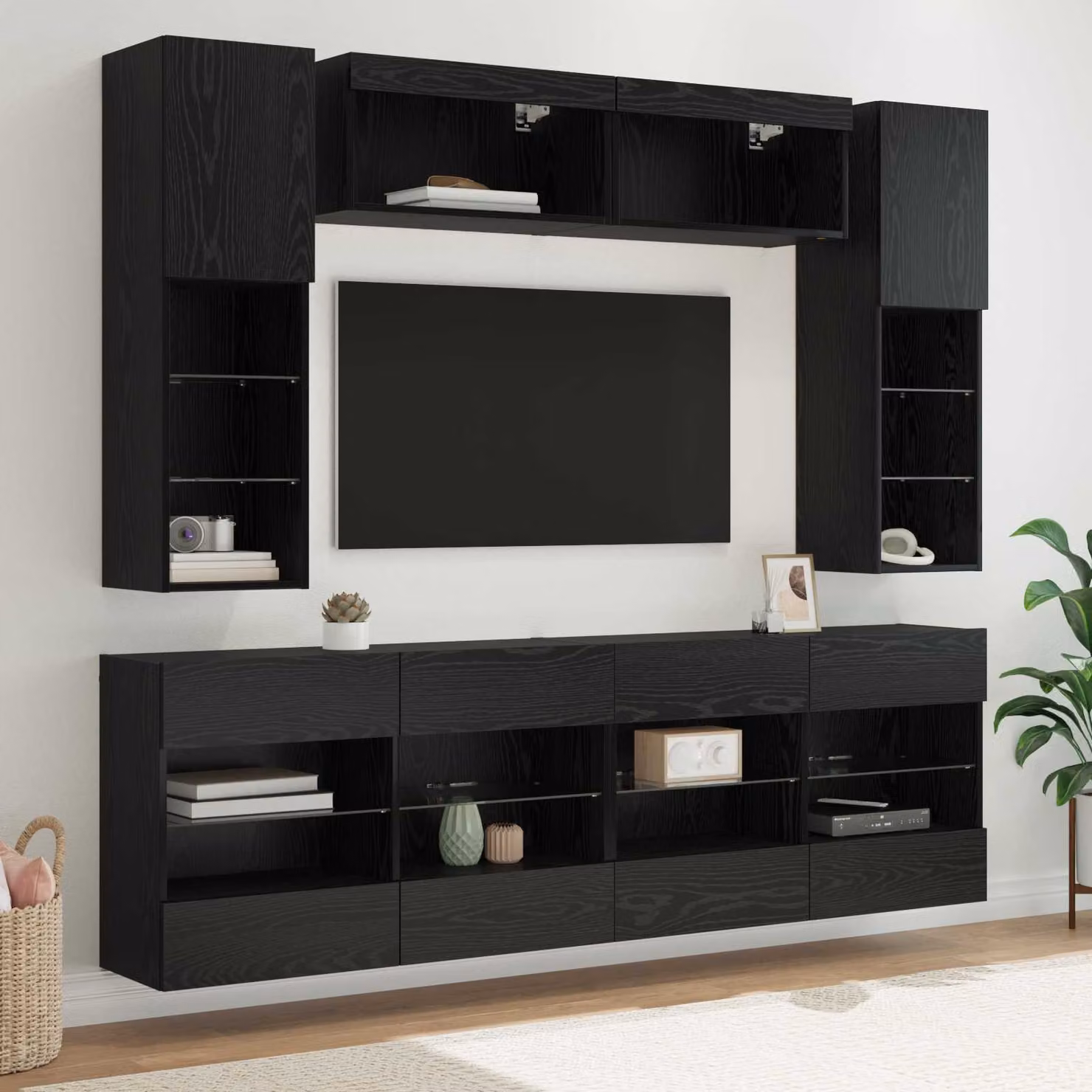 Set di 6 Mobiletti da TV a Parete con LED vidaXL in Rovere e Nero per il tuo Soggiorno – 1