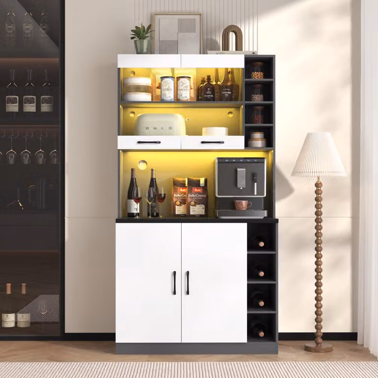 Mobile da cucina bianco-grigio con illuminazione a LED, ante in vetro e vano per il microonde, realizzata in MDF, dimensioni 100x47x187 cm