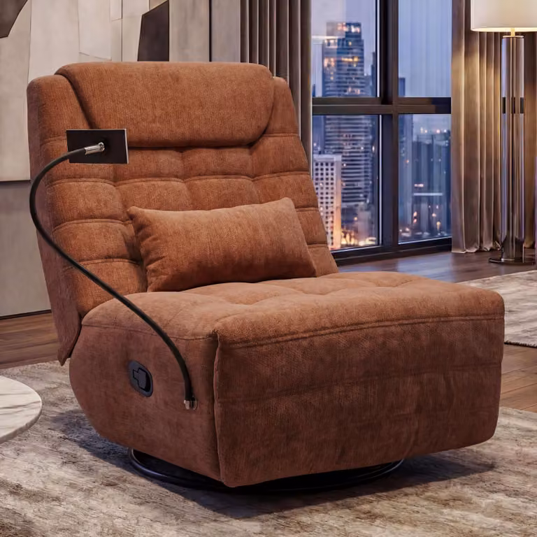 Poltrona relax HWC-P92, poltrona TV, girevole, funzione reclinabile, supporto per cellulare, tessuto ciniglia (260 g/m²) ~ terracotta