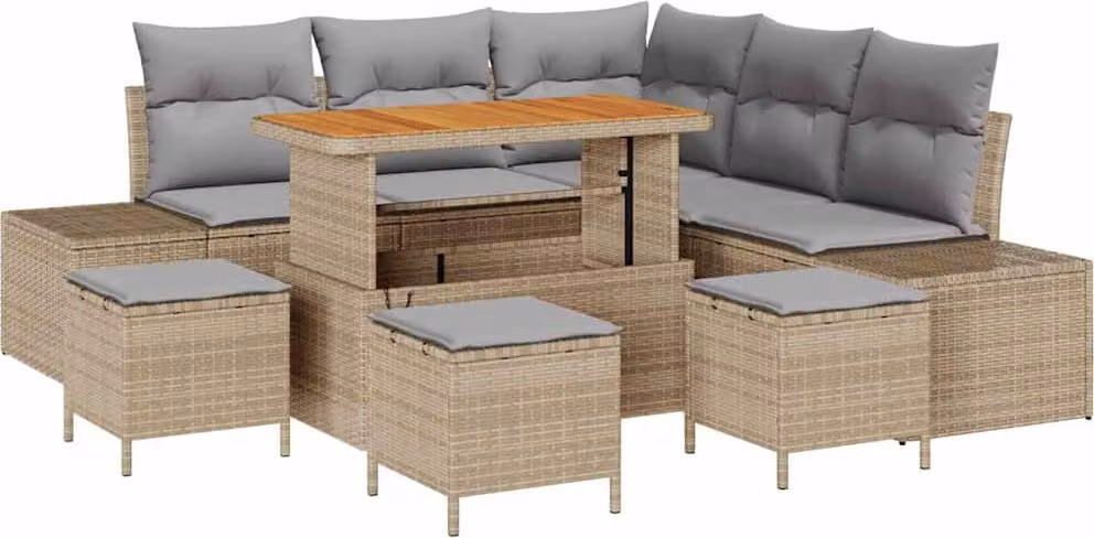 Set Divano da Giardino con cuscino 9 pcs Beige Poly Rattan