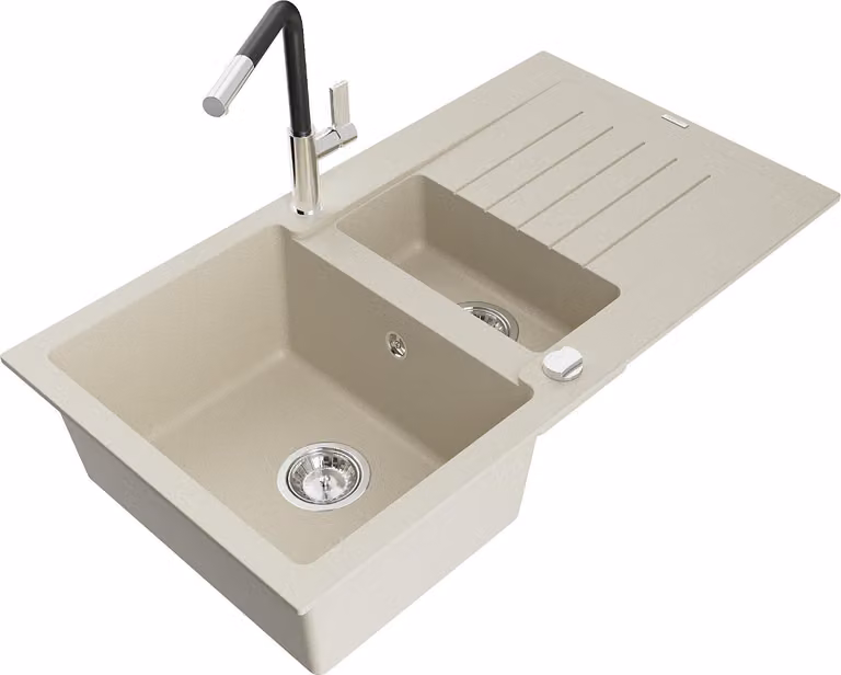 Mexen Matias lavello in granito 1,5 vasche con scolapiatti e miscelatore cucina Flora, beige - 6502-69-670401-07