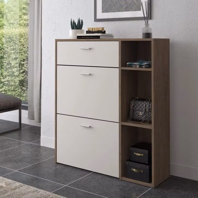 Scarpiera Moderna DMORA con Ante Basculanti e Ripiani Interni, Marrone e Beige, L: 90 cm, P: 26 cm, H: 102 cm – 1