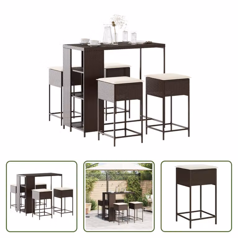 The Living Store Set bar da giardino 5 pezzi con cuscini in poly rattan marrone