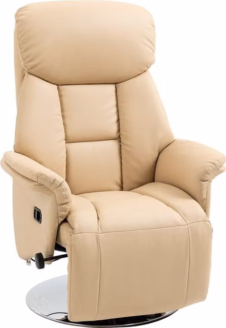Poltrona reclinabile girevole HOMCOM con poggiapiedi regolabile e braccioli in acciaio cromato, rivestimento in ecopelle beige