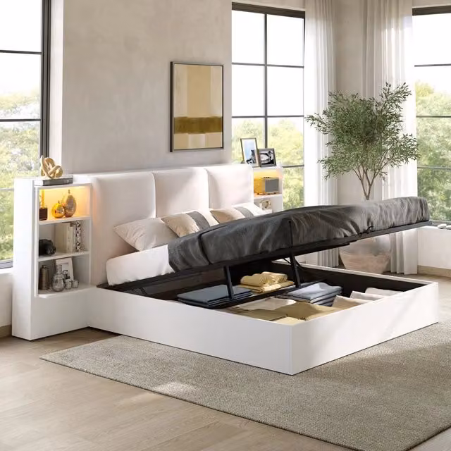 Letto contenitore con testiera imbottita ¨C Minimal ¨C Bianco 180x200cm con cassetti LED idraulico
