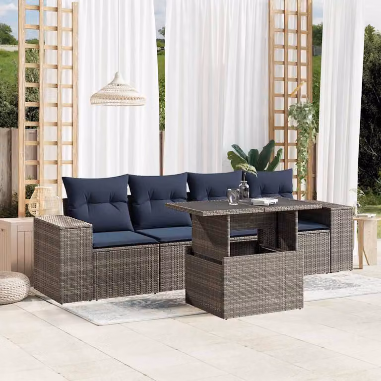 Set da giardino vidaXL in polyrattan grigio con 5 pezzi, composto da divani e tavolino, con cuscini inclusi e struttura in acciaio verniciato a polvere